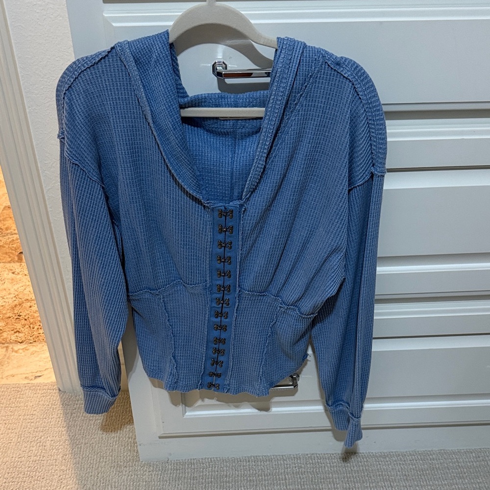 Blue Waffle Knit Hoodie with Hook Closures